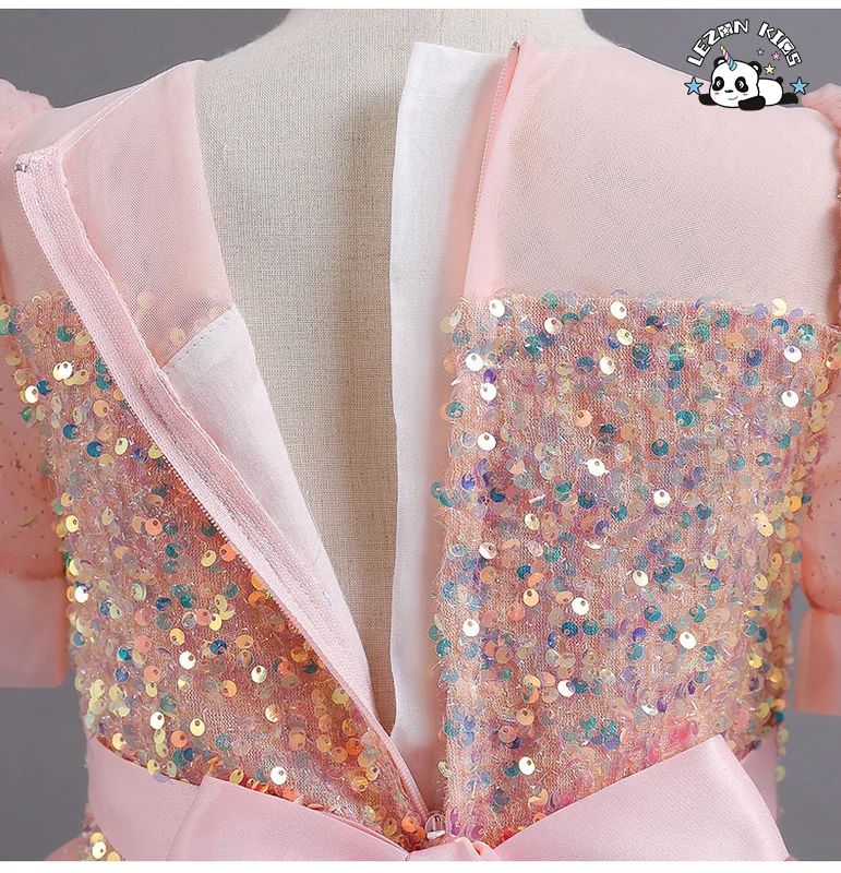 LEZONKIDS - Vestido para Menina, Vestido de Festa Infantil, Tule Longo, Malha, Lantejoulas, Princesa, Manga Bolha Fofa, Tamanho 10, Vestidos de Menina Flor para Casamento de Luxo